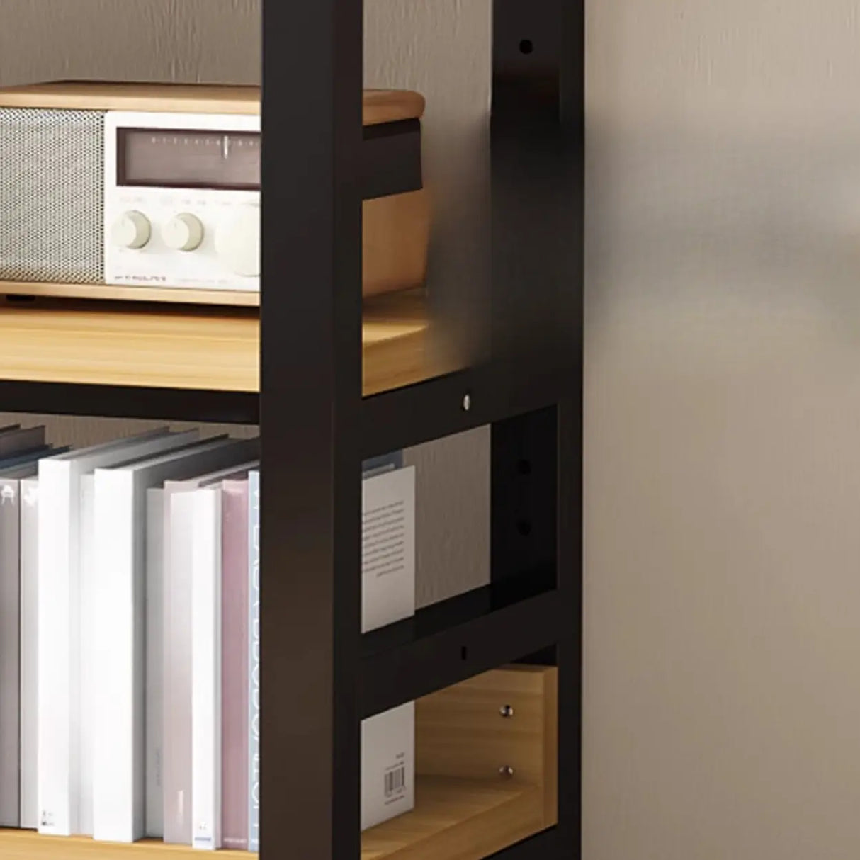Rustic Steel Natural Wood Shelf Open Back Bookshelf Image - 8