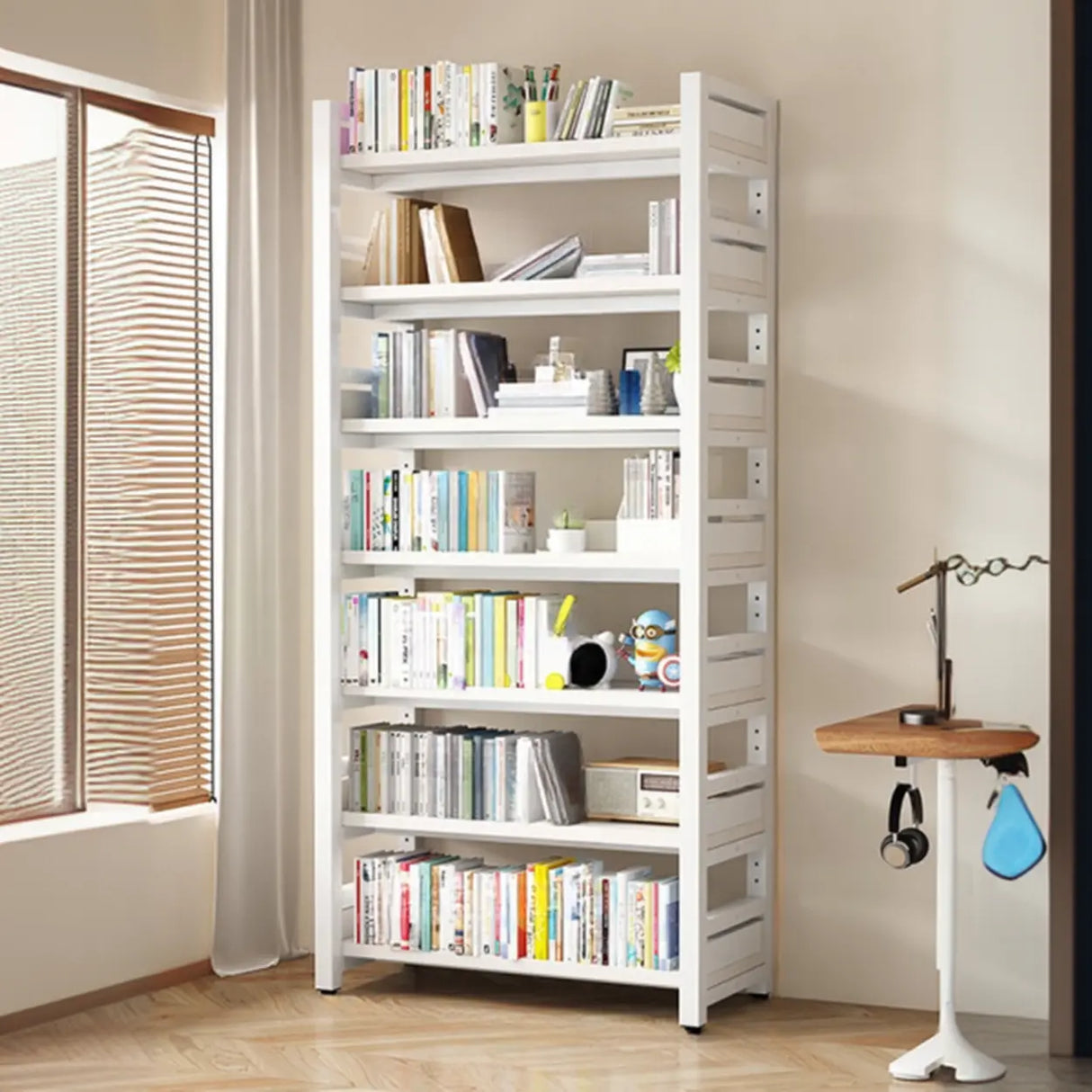 Rustic Steel Natural Wood Shelf Open Back Bookshelf Image - 9