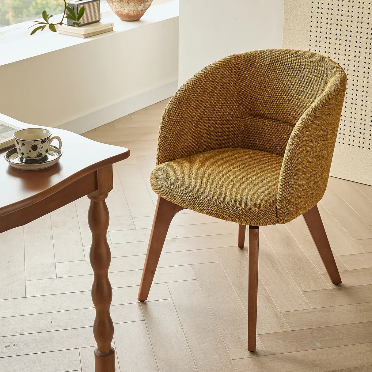 Rustic Swivel Upholstered Dining Chair with Curved Backrest Image - 10