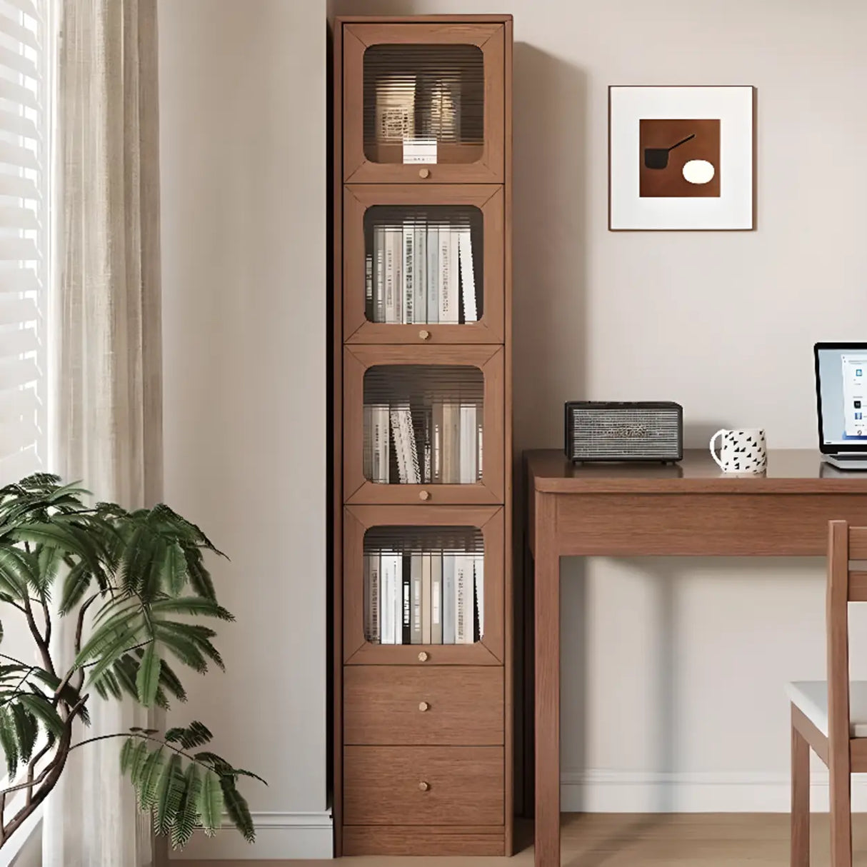 Rustic Tall Narrow Wood Bookcase with Glass Doors and Drawers Image - 1