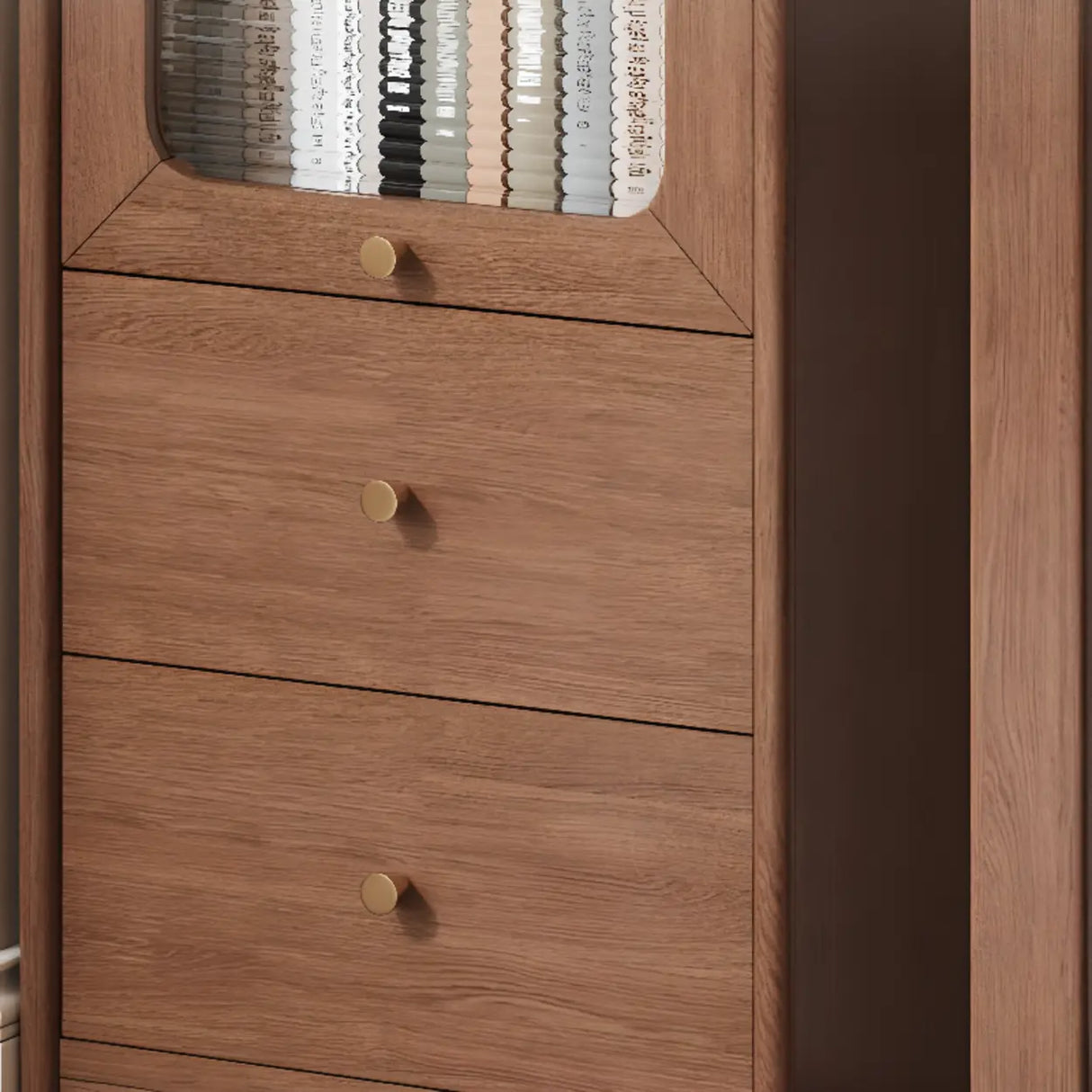 Rustic Tall Narrow Wood Bookcase with Glass Doors and Drawers Image - 11