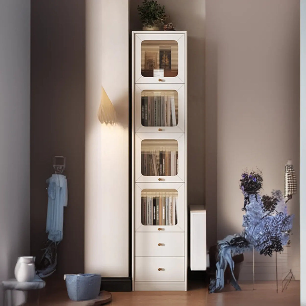 Rustic Tall Narrow Wood Bookcase with Glass Doors and Drawers Image - 12
