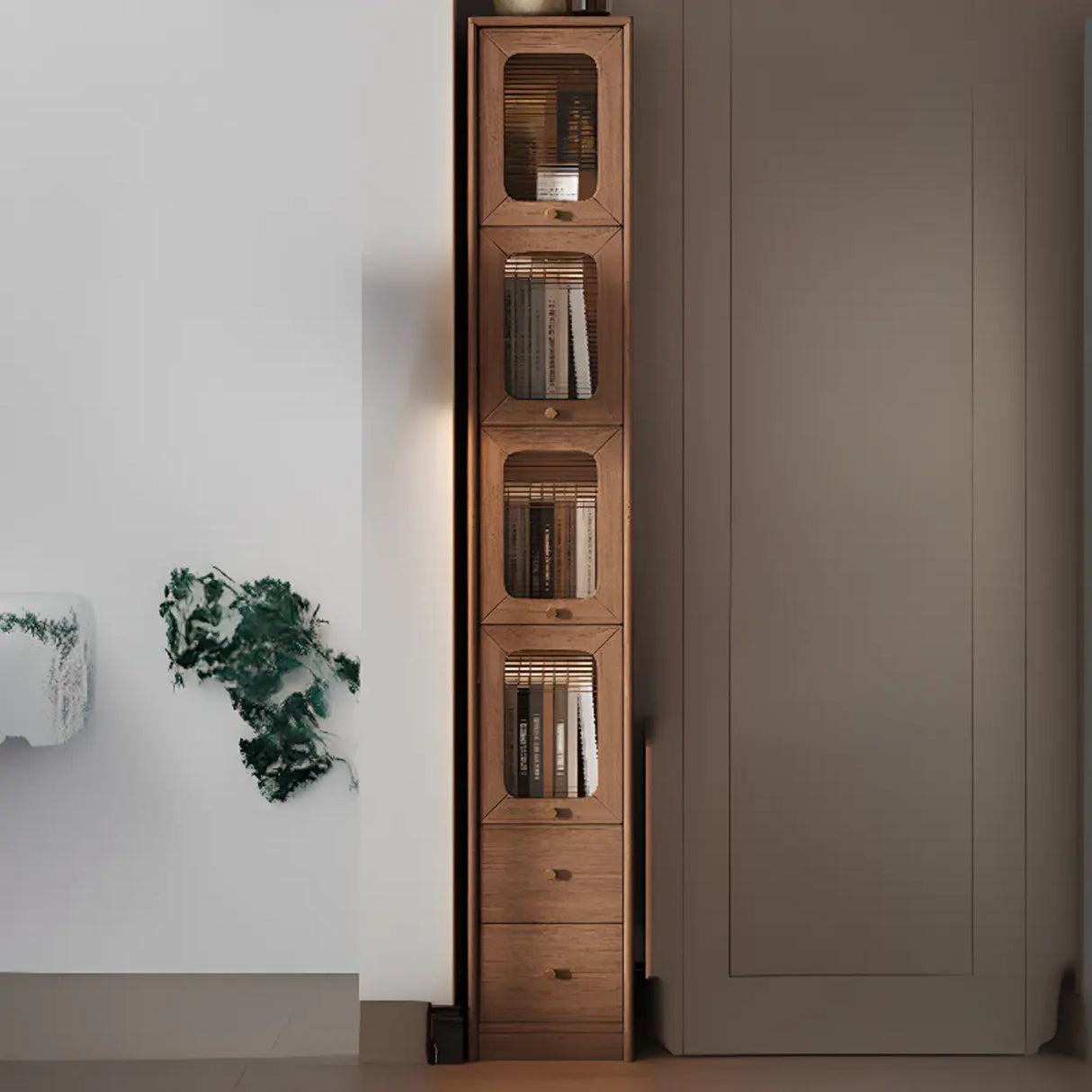 Rustic Tall Narrow Wood Bookcase with Glass Doors and Drawers Image - 16