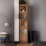 Rustic Tall Narrow Wood Bookcase with Glass Doors and Drawers Image - 17