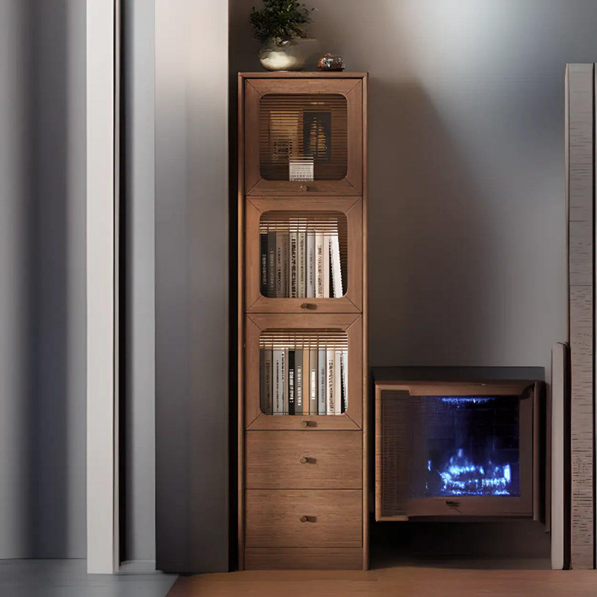 Rustic Tall Narrow Wood Bookcase with Glass Doors and Drawers Image - 19