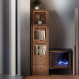 Rustic Tall Narrow Wood Bookcase with Glass Doors and Drawers Image - 19