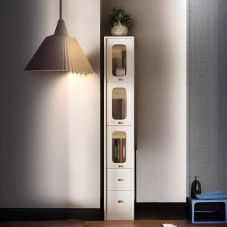 Rustic Tall Narrow Wood Bookcase with Glass Doors and Drawers Image - 2