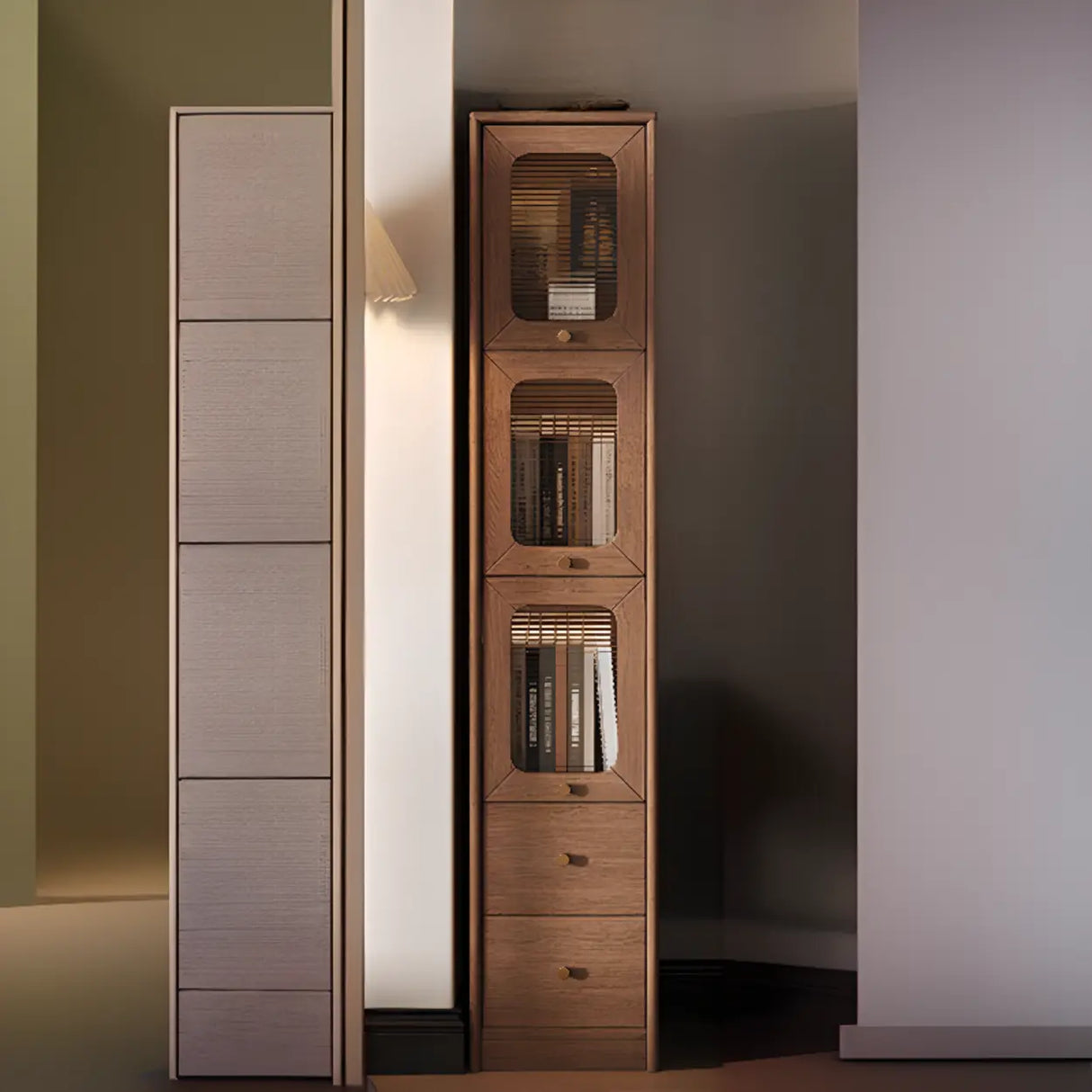 Rustic Tall Narrow Wood Bookcase with Glass Doors and Drawers Image - 20