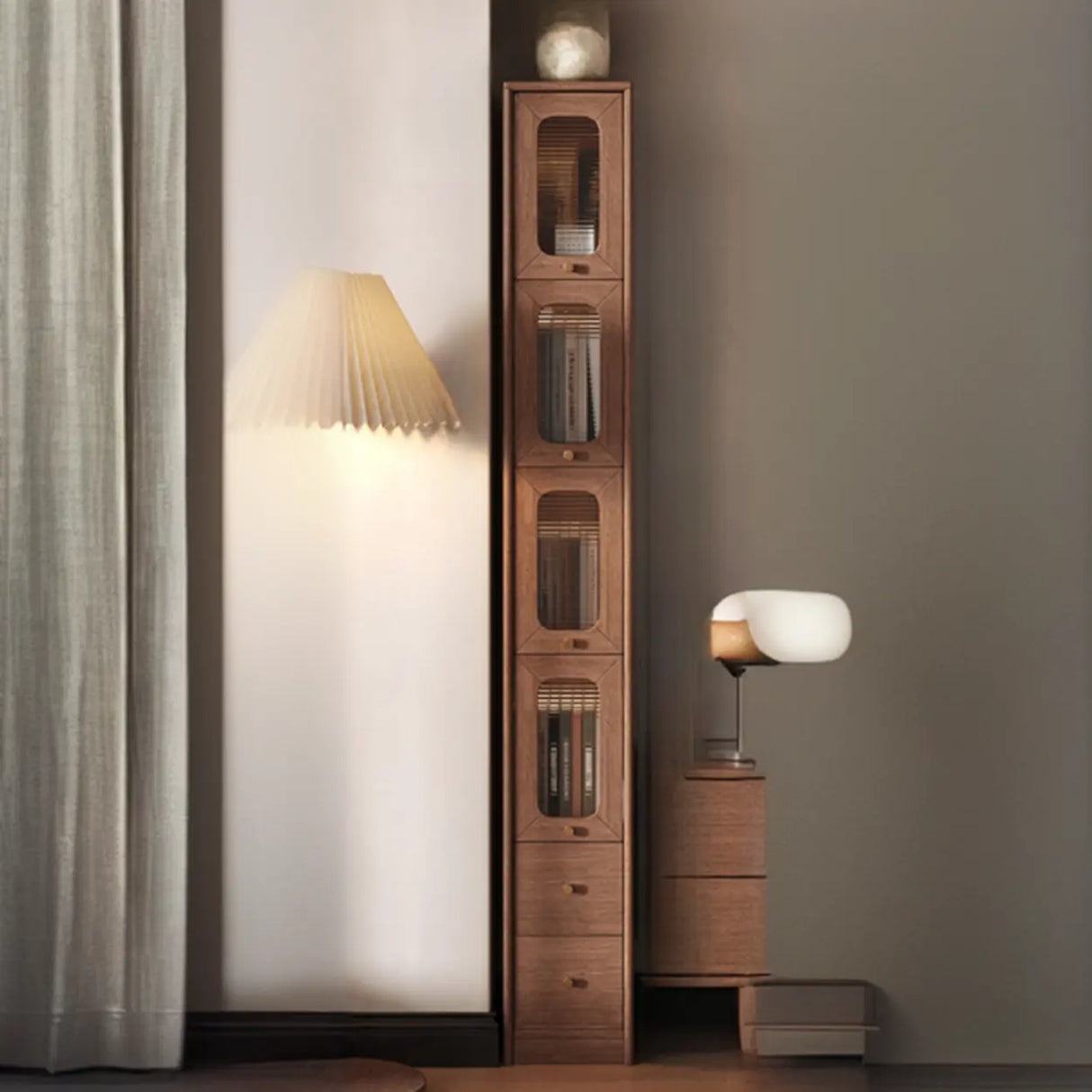 Rustic Tall Narrow Wood Bookcase with Glass Doors and Drawers Image - 21