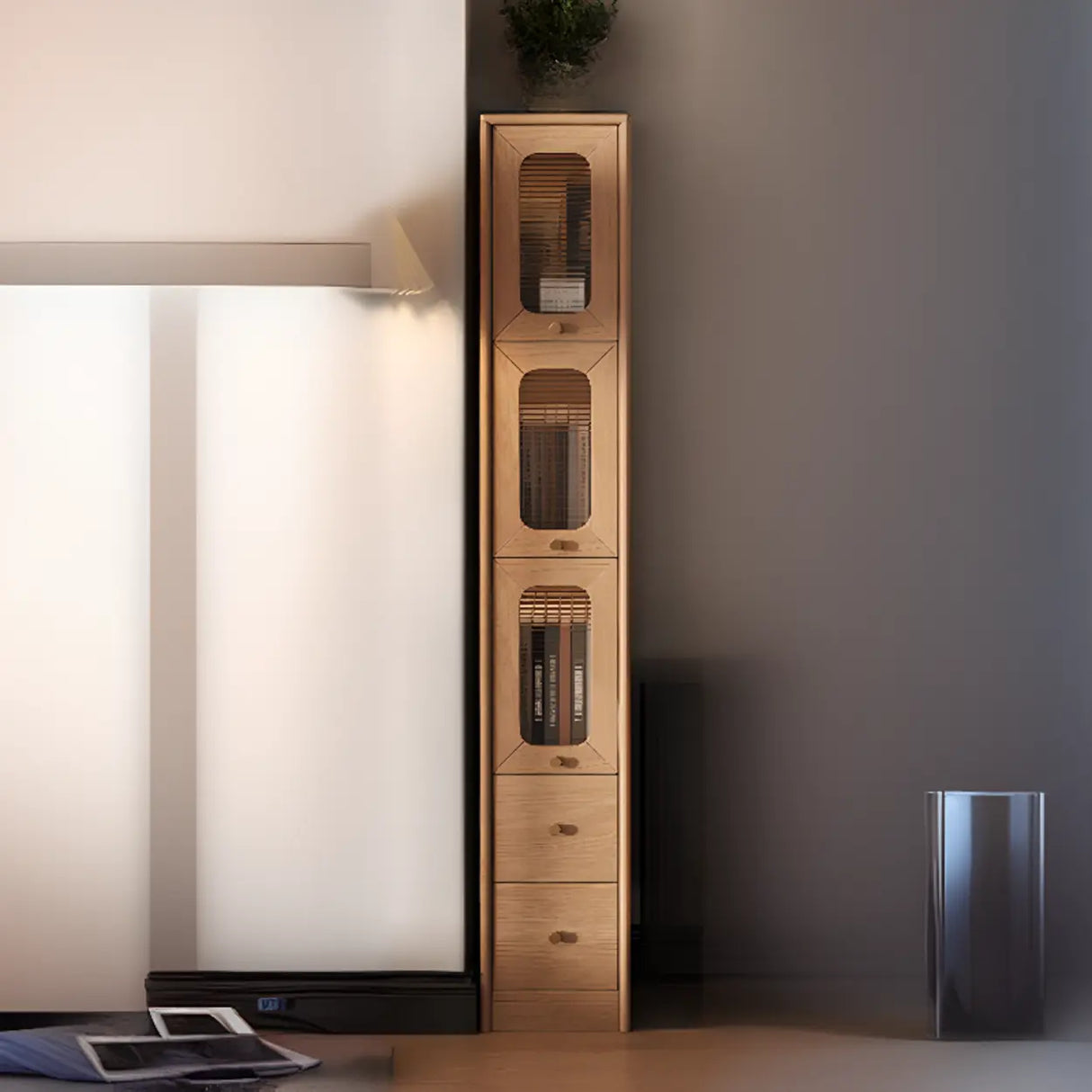 Rustic Tall Narrow Wood Bookcase with Glass Doors and Drawers Image - 22