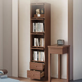 Rustic Tall Narrow Wood Bookcase with Glass Doors and Drawers Image - 3