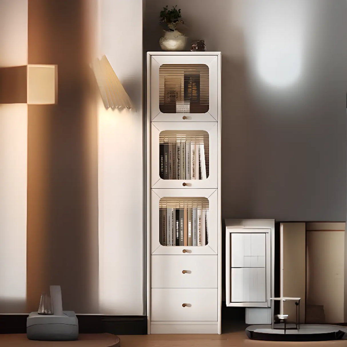 Rustic Tall Narrow Wood Bookcase with Glass Doors and Drawers Image - 5