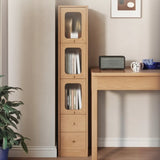 Rustic Tall Narrow Wood Bookcase with Glass Doors and Drawers Image - 6