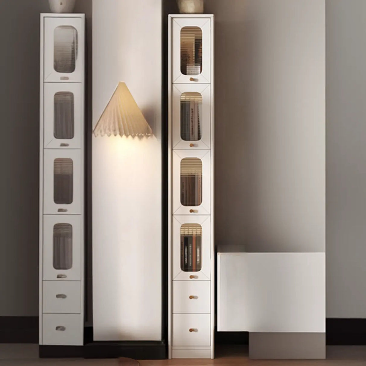 Rustic Tall Narrow Wood Bookcase with Glass Doors and Drawers Image - 8