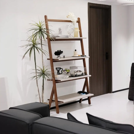 Rustic Timber Finish Ladder Vertical Display Bookshelf Image - 1