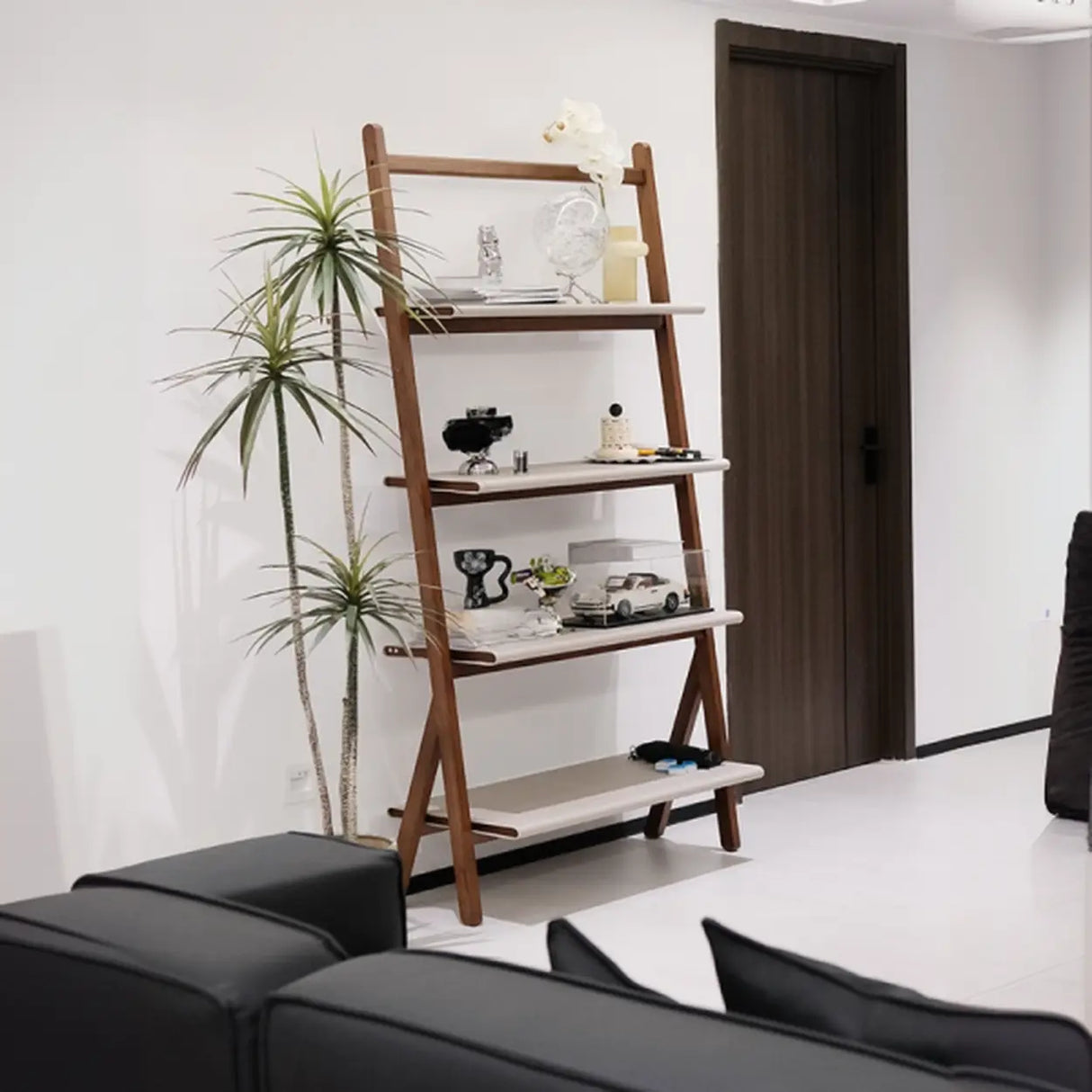 Rustic Timber Finish Ladder Vertical Display Bookshelf Image - 1