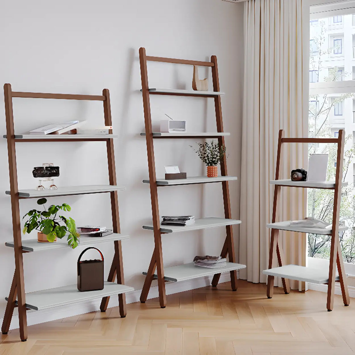 Rustic Timber Finish Ladder Vertical Display Bookshelf Image - 6