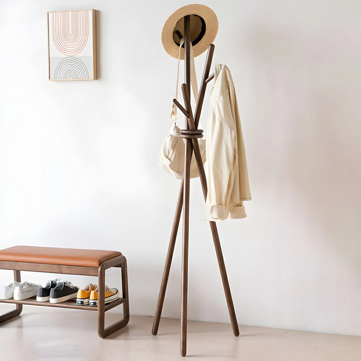 Rustic Tripod Wood Natural Freestanding Hall Tree with Hooks Image - 1