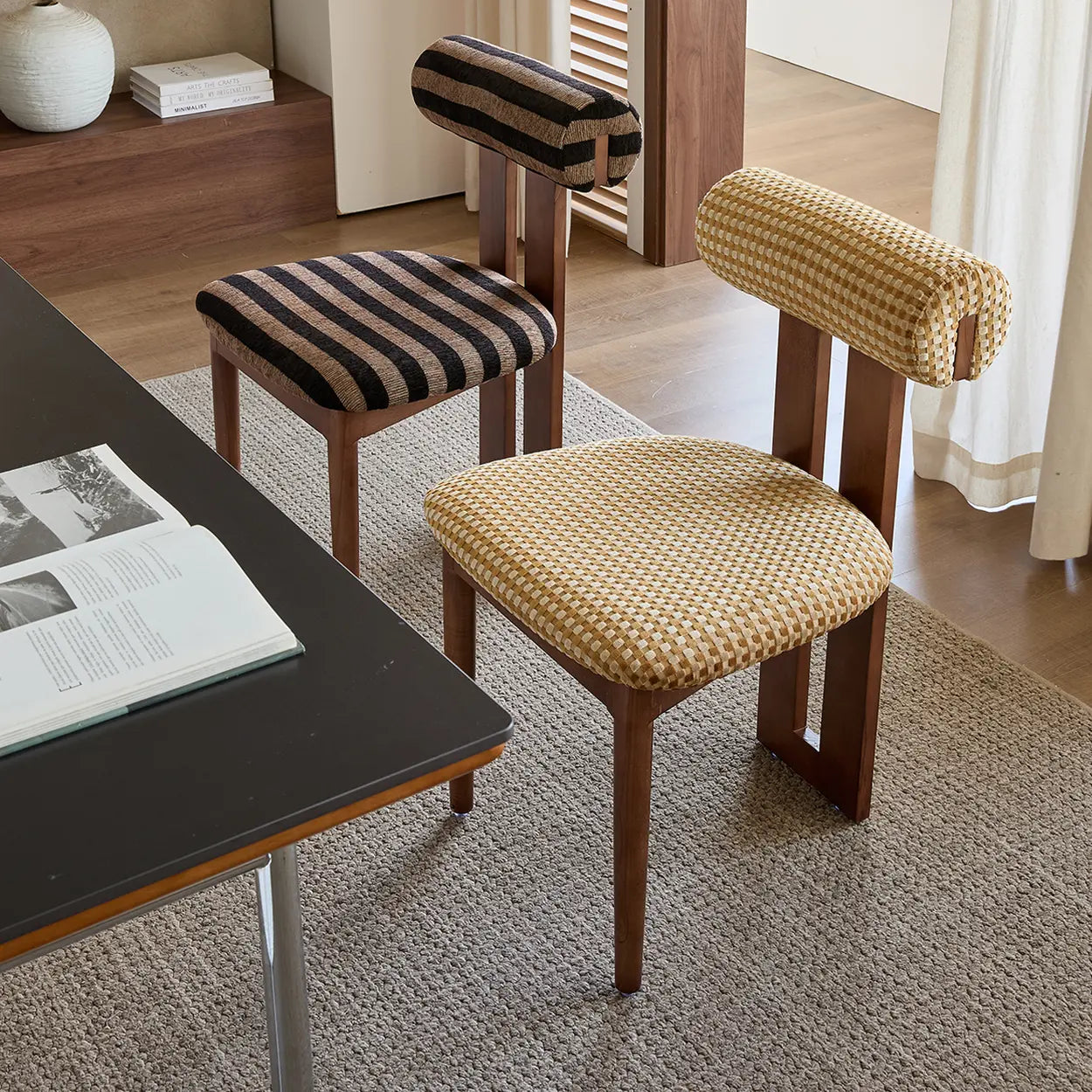 Rustic Upholstered Open Back Dining Chair with Wooden Frame