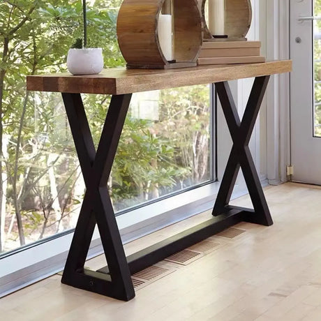 Rustic Versatile Trestle Base Wood Brown Console Table Image - 2
