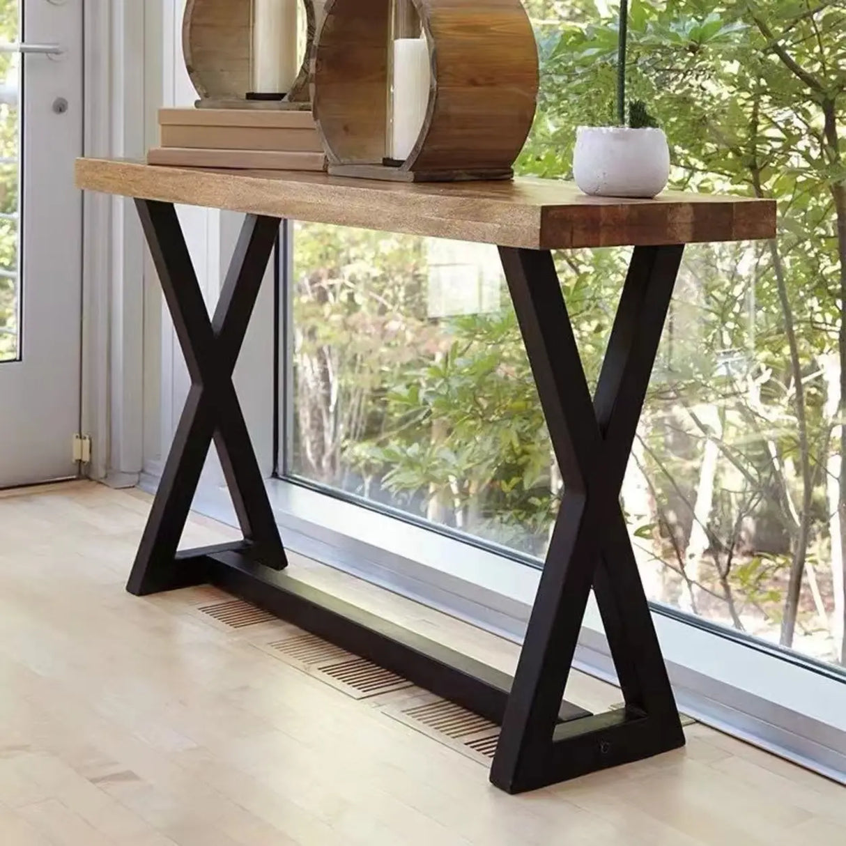 Rustic Versatile Trestle Base Wood Brown Console Table Image - 3