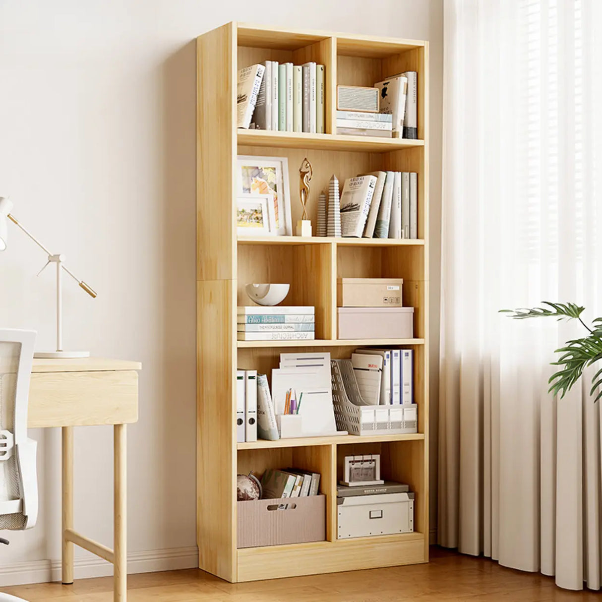 Rustic Vertical Pine Wood 5 Shelves Display Bookcase Image - 3