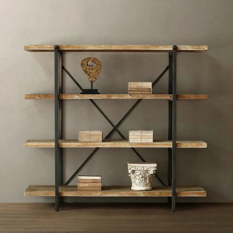 Rustic Vertical Rectangular Wood Metal Display Bookcase Image - 1
