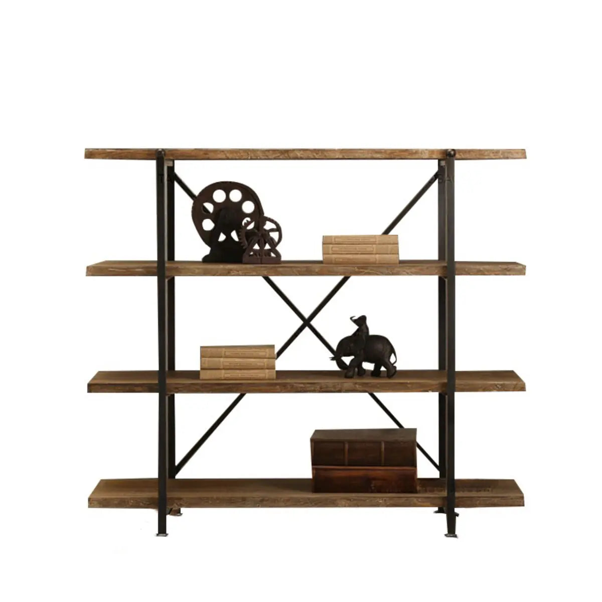 Rustic Vertical Rectangular Wood Metal Display Bookcase Image - 5