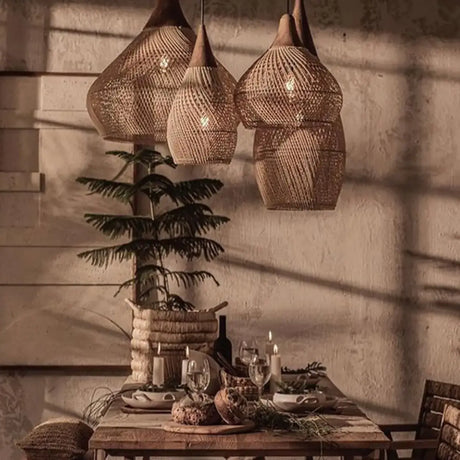 Rustic Wabi Sabi Style Rattan Bamboo Woven Pendant Lights Image - 2