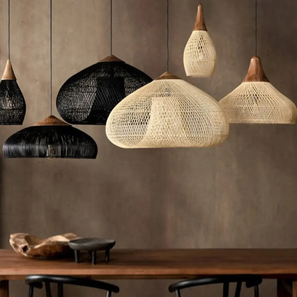 Rustic Wabi Sabi Style Rattan Bamboo Woven Pendant Lights Image - 3