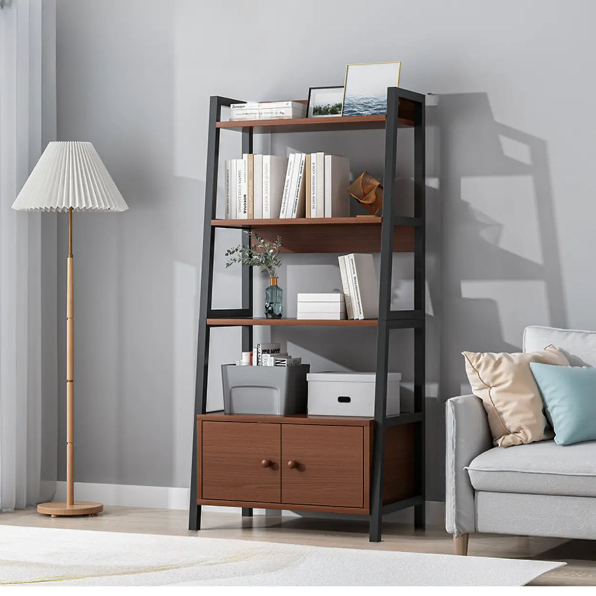 Rustic White 4-Shelf Ladder Open Back Display Bookcase Image - 11