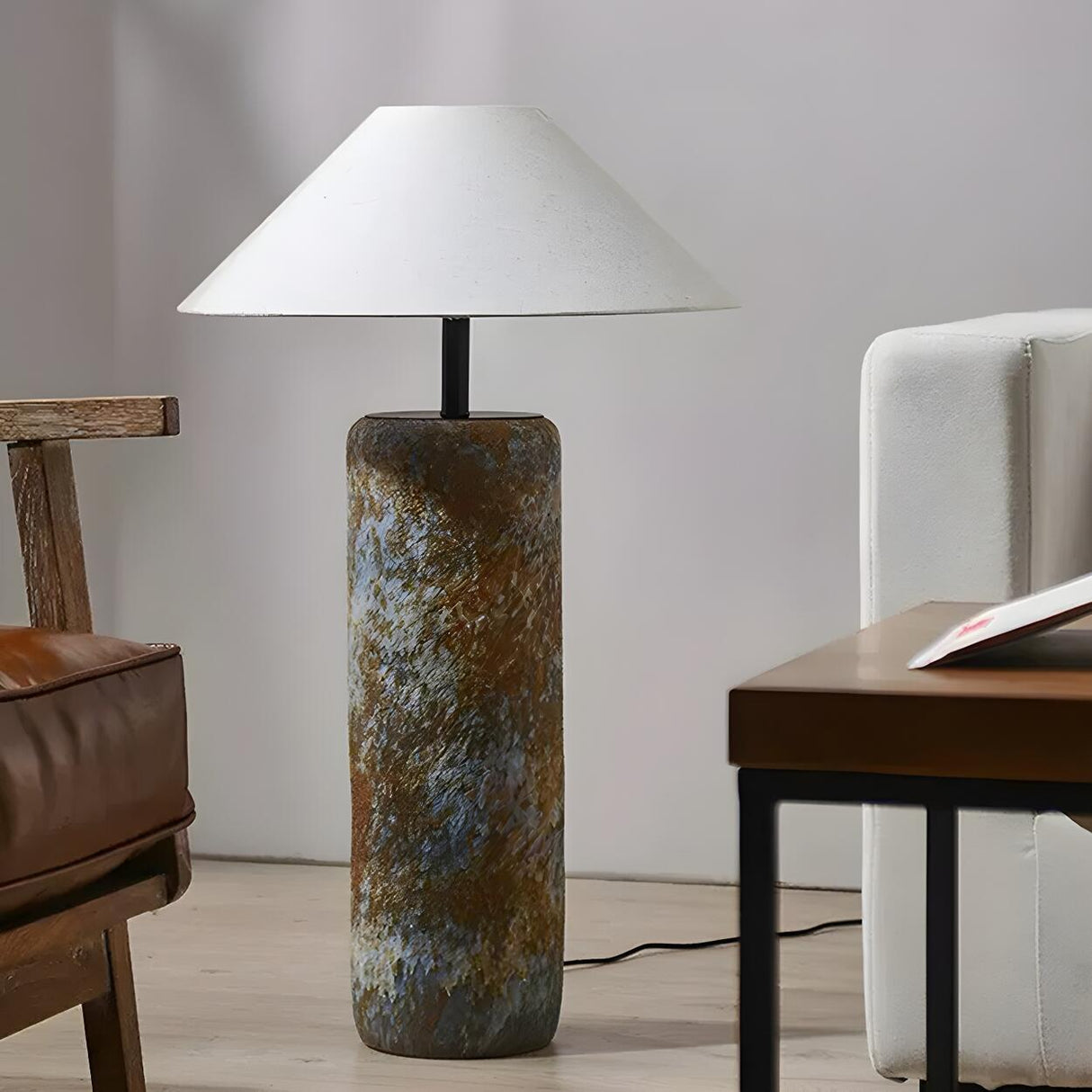 Rustic White Fabric Umbrella Ceramic Floor Lamp Image - 3