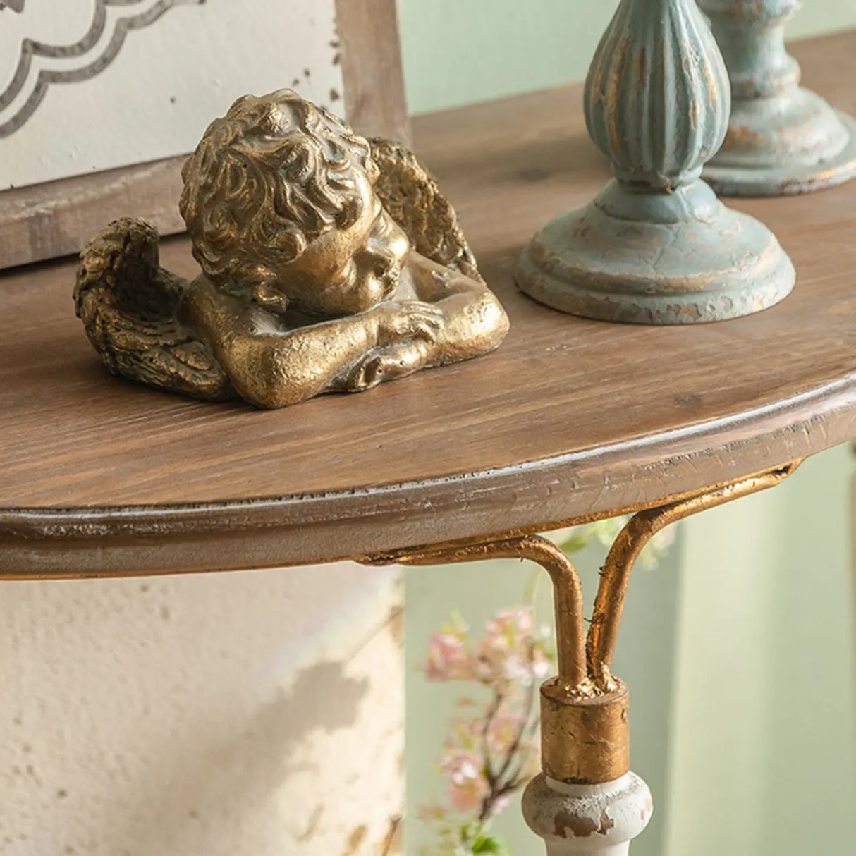 Rustic White Finish Half-circle Wood Console Table Image - 2