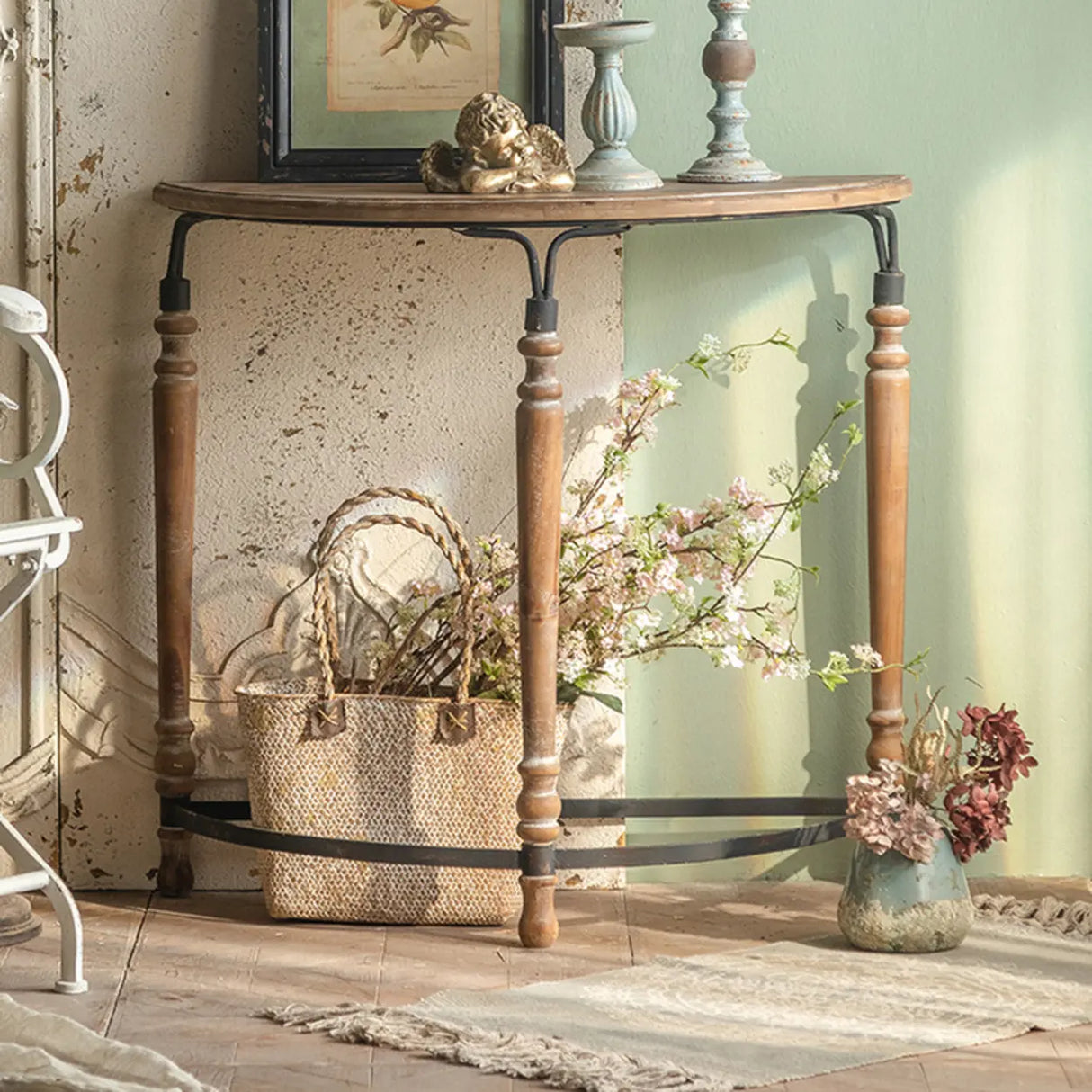 Rustic White Finish Half-circle Wood Console Table Image - 5
