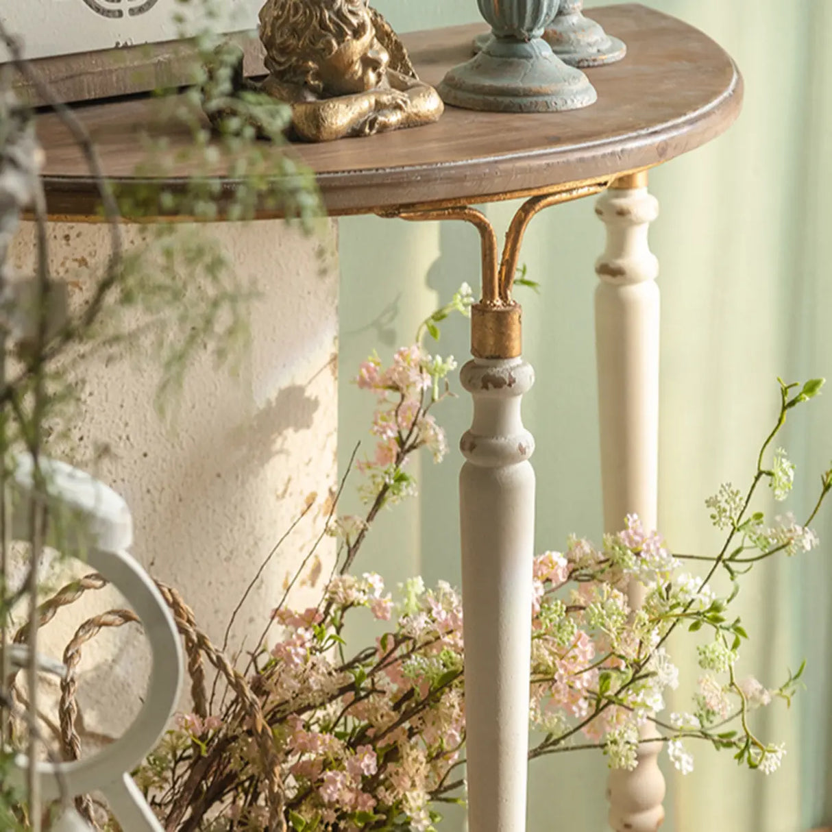 Rustic White Finish Half-circle Wood Console Table Image - 7