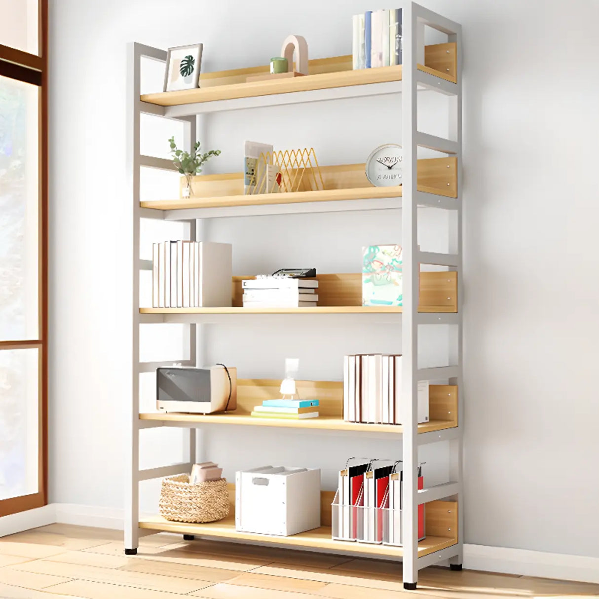 Rustic Wood Multi-Shelf Metal Frame Display Bookcase Image - 11