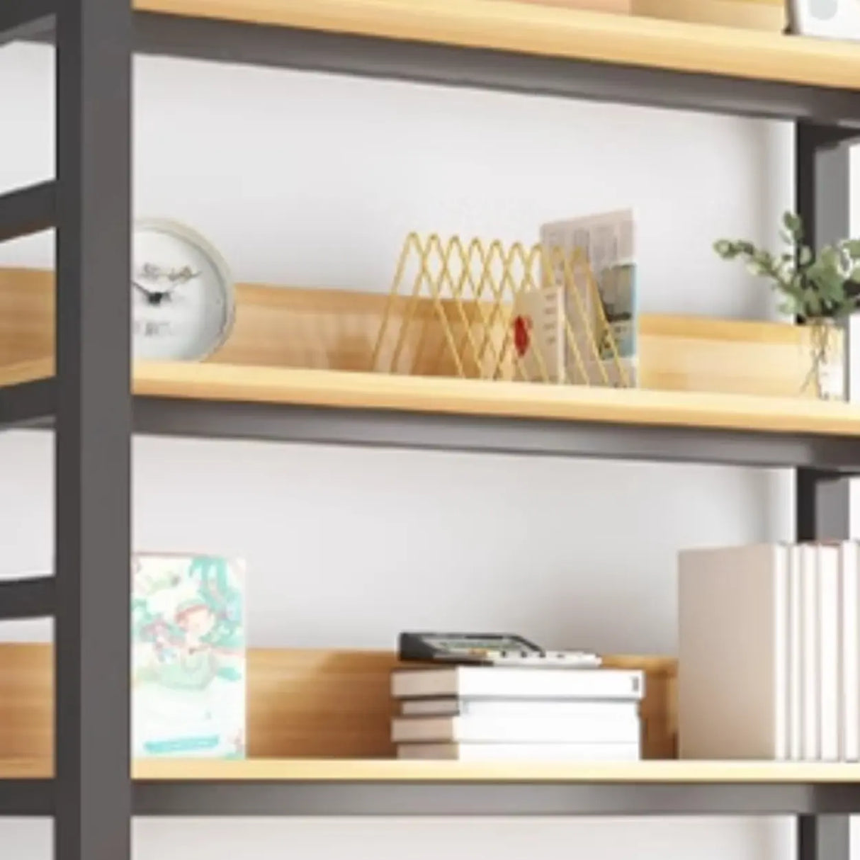 Rustic Wood Multi-Shelf Metal Frame Display Bookcase Image - 12