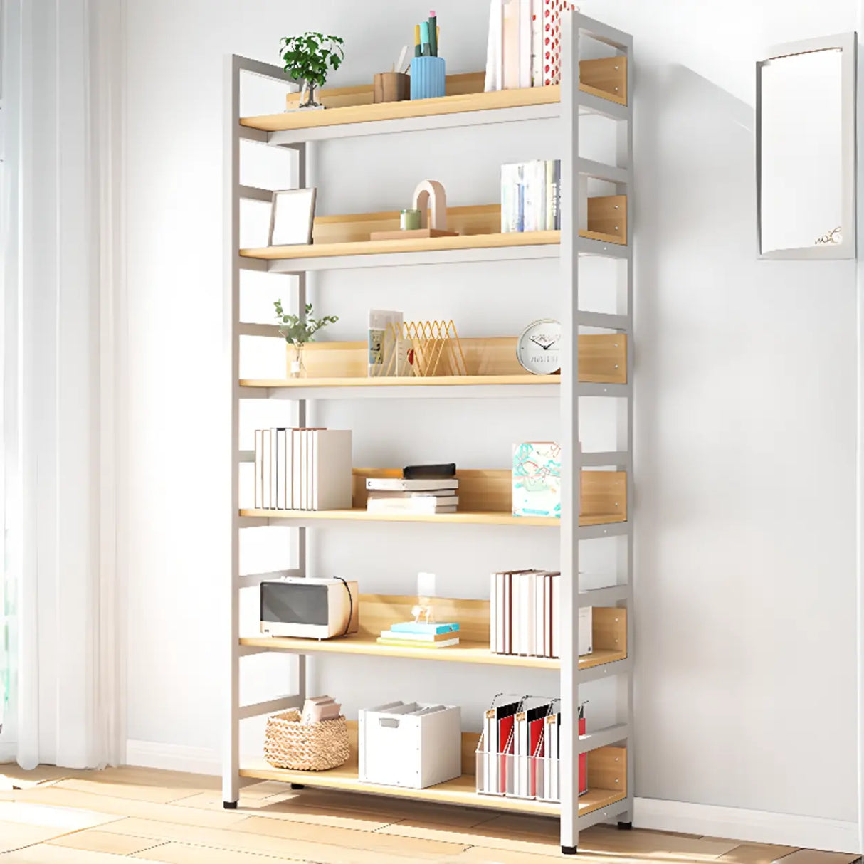 Rustic Wood Multi-Shelf Metal Frame Display Bookcase Image - 13