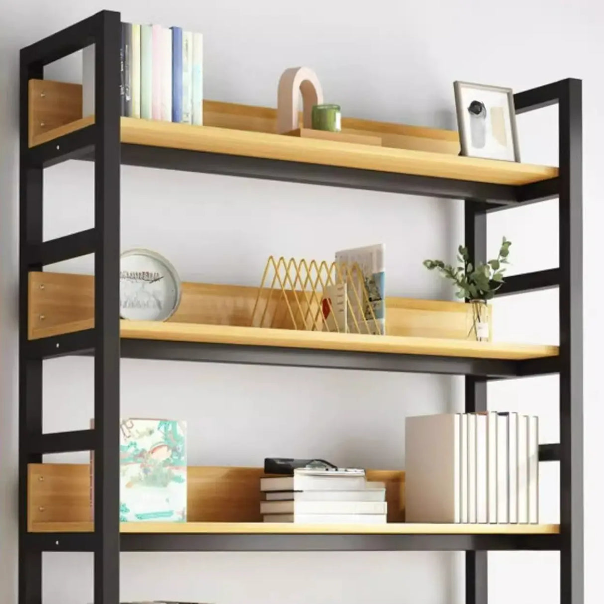 Rustic Wood Multi-Shelf Metal Frame Display Bookcase Image - 15