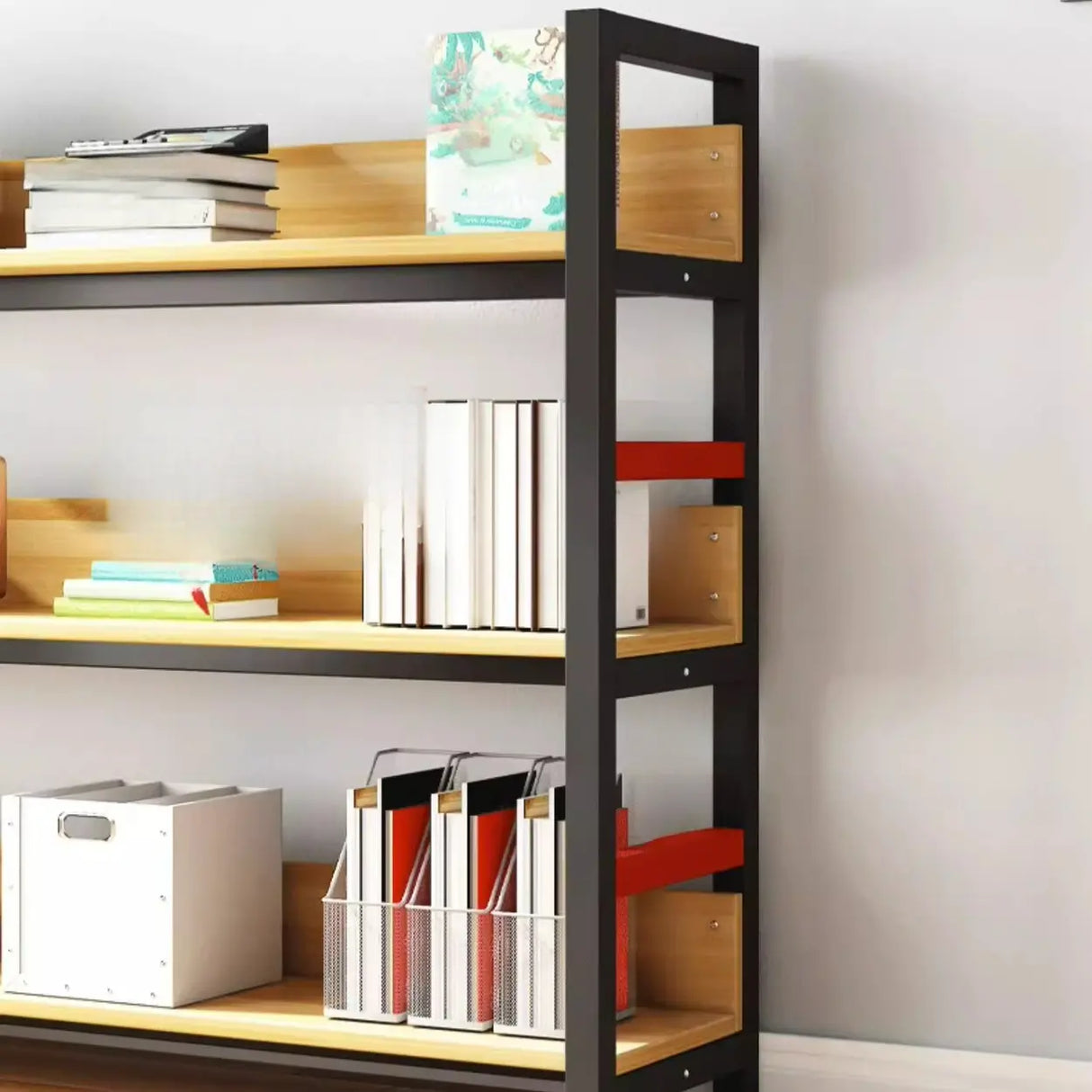 Rustic Wood Multi-Shelf Metal Frame Display Bookcase Image - 16