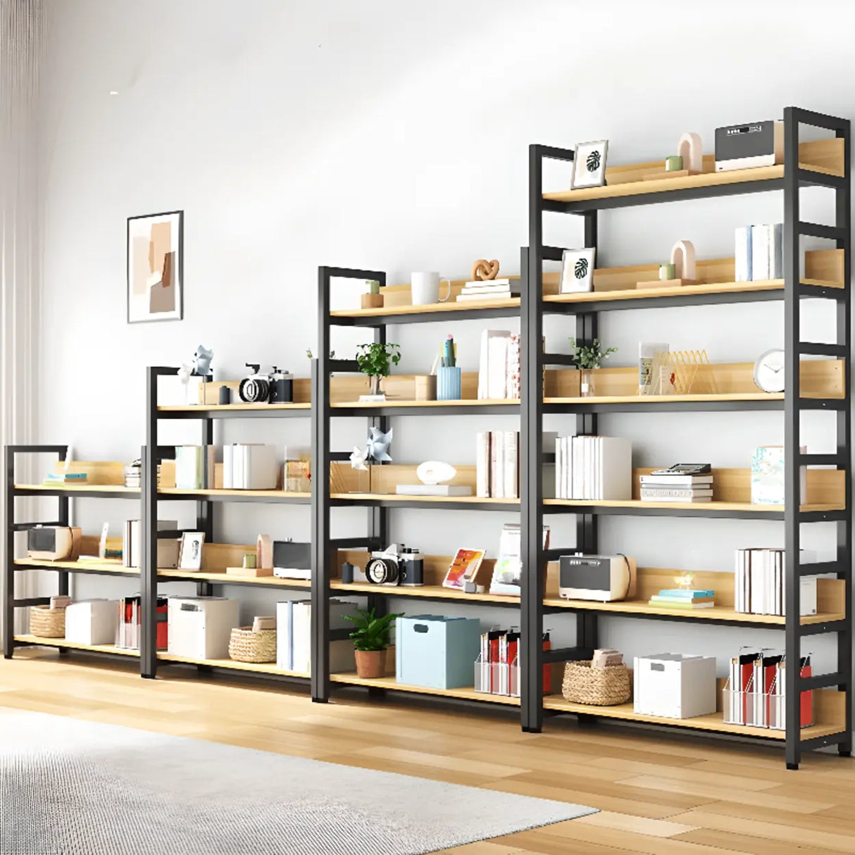 Rustic Wood Multi-Shelf Metal Frame Display Bookcase Image - 3