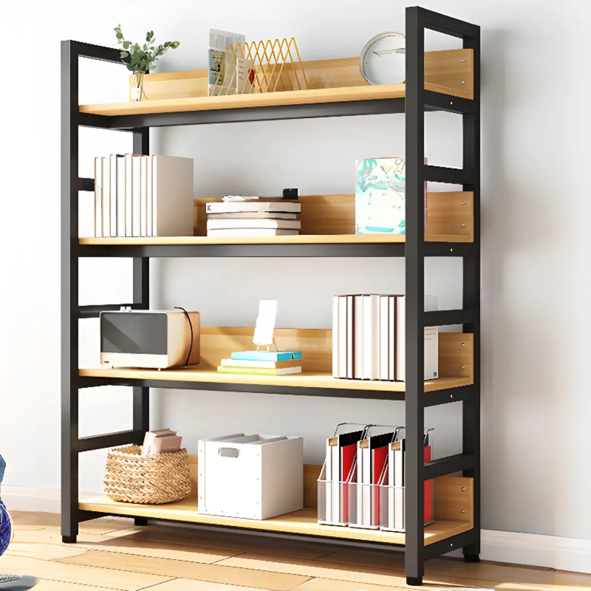 Rustic Wood Multi-Shelf Metal Frame Display Bookcase Image - 4
