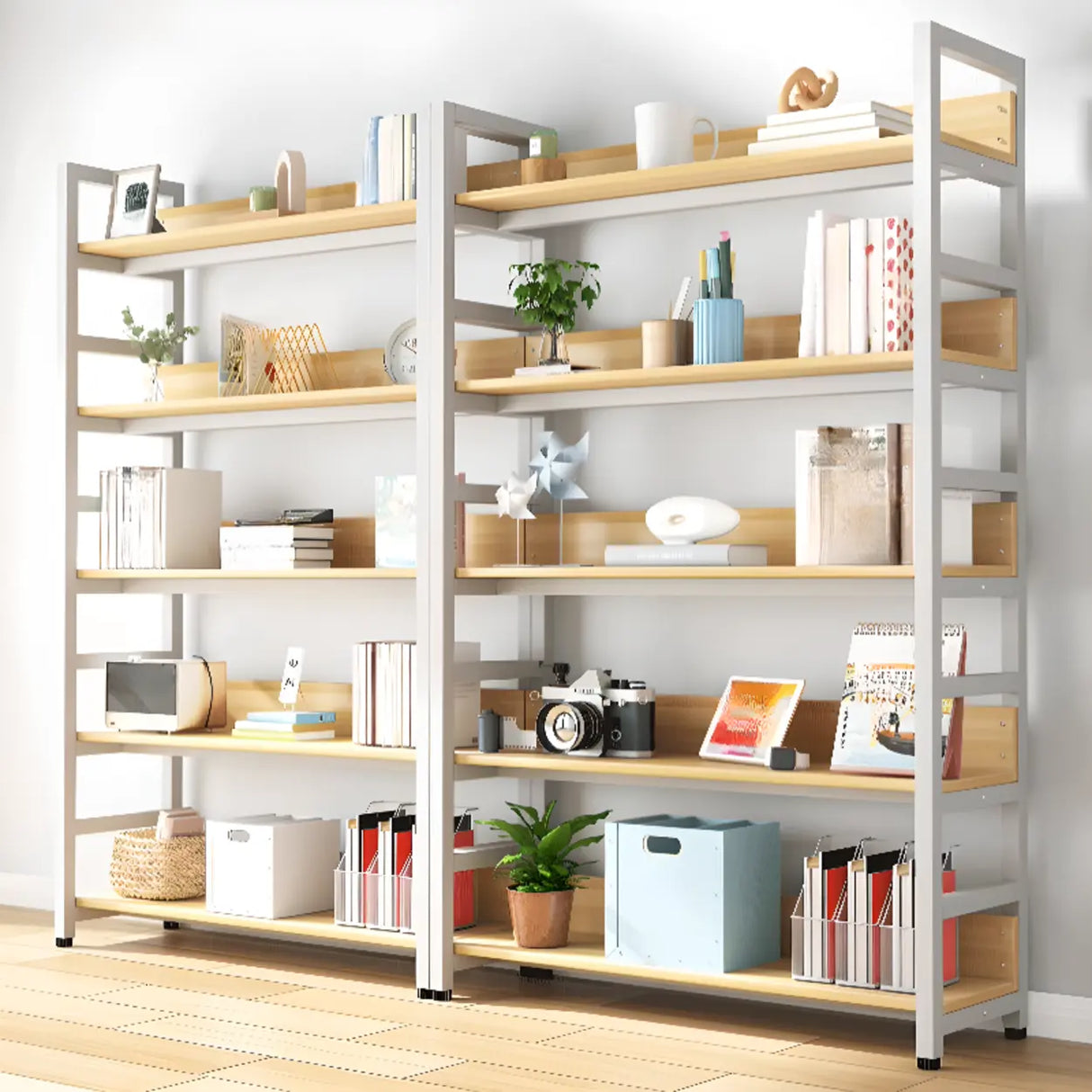Rustic Wood Multi-Shelf Metal Frame Display Bookcase Image - 5