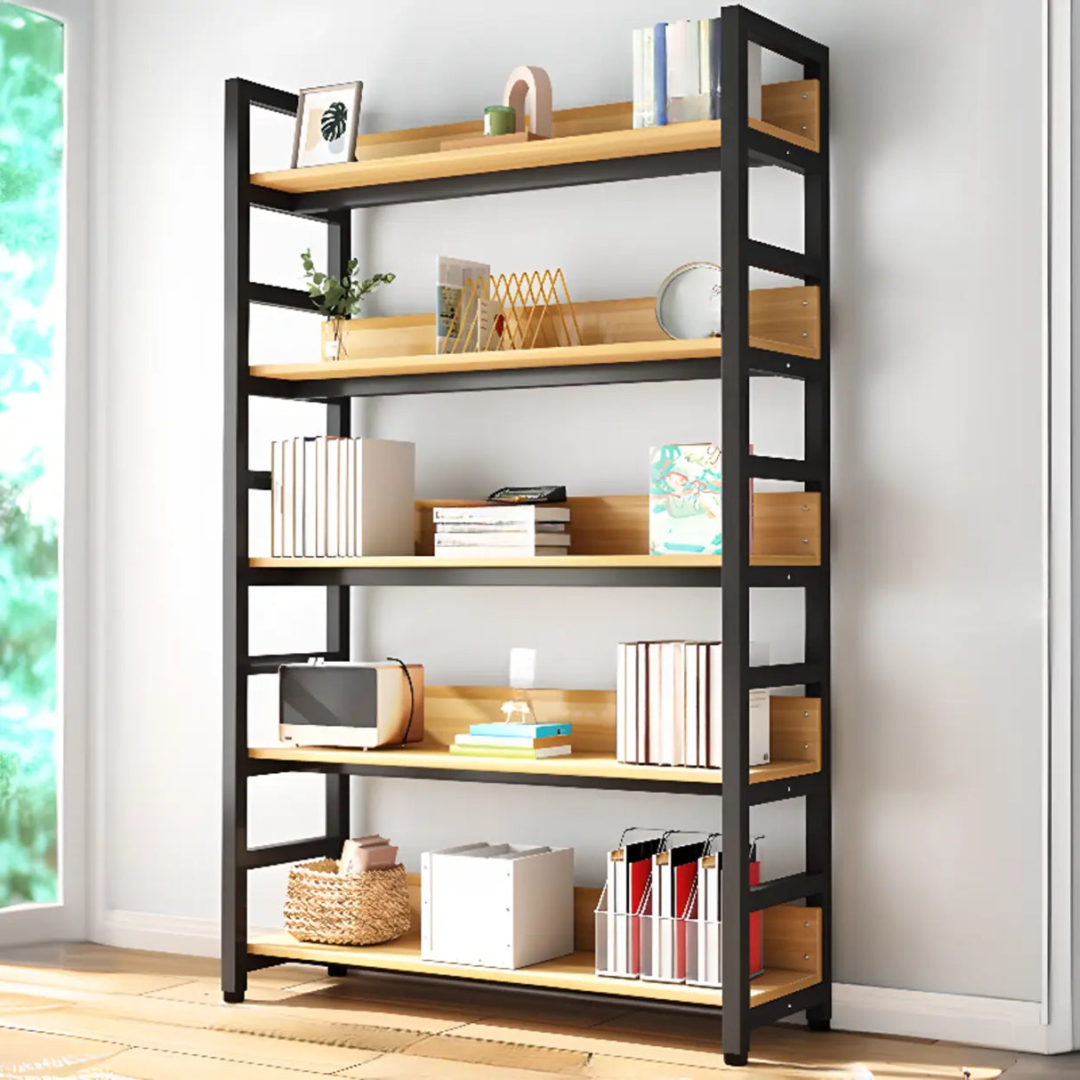 Rustic Wood Multi-Shelf Metal Frame Display Bookcase Image - 6