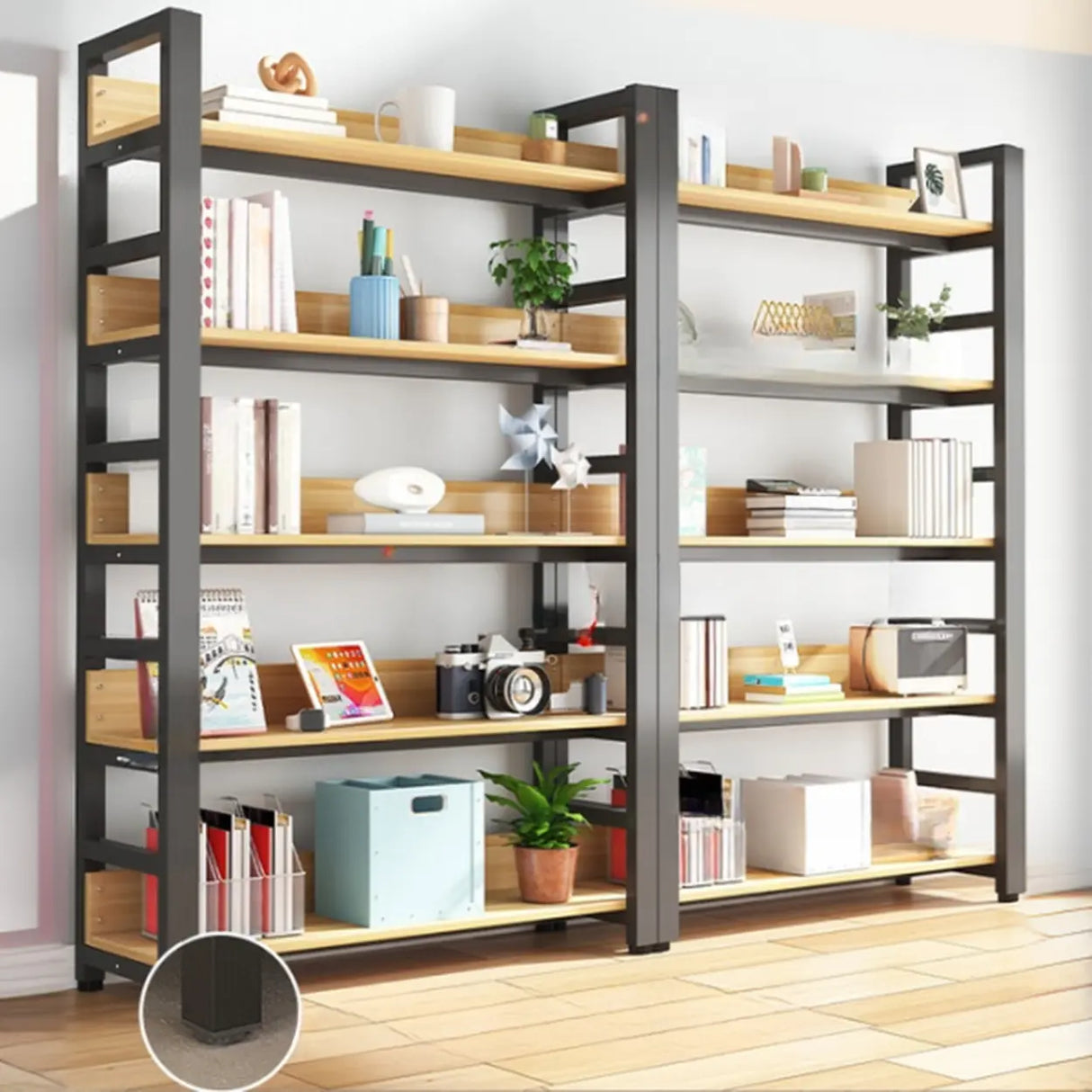 Rustic Wood Multi-Shelf Metal Frame Display Bookcase Image - 8