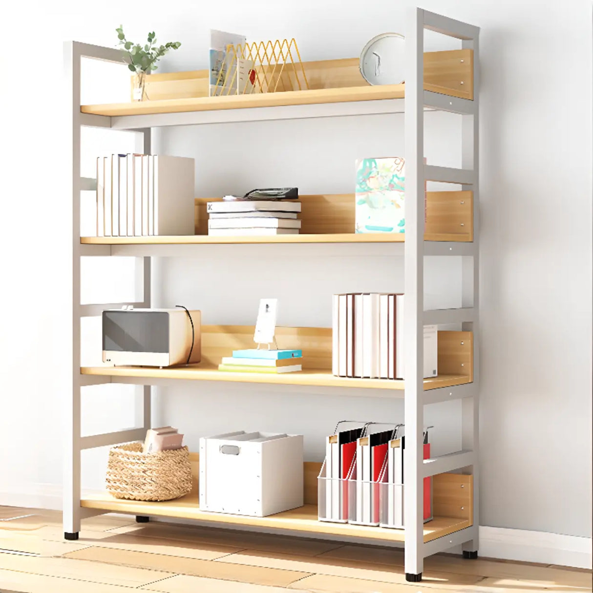 Rustic Wood Multi-Shelf Metal Frame Display Bookcase Image - 9