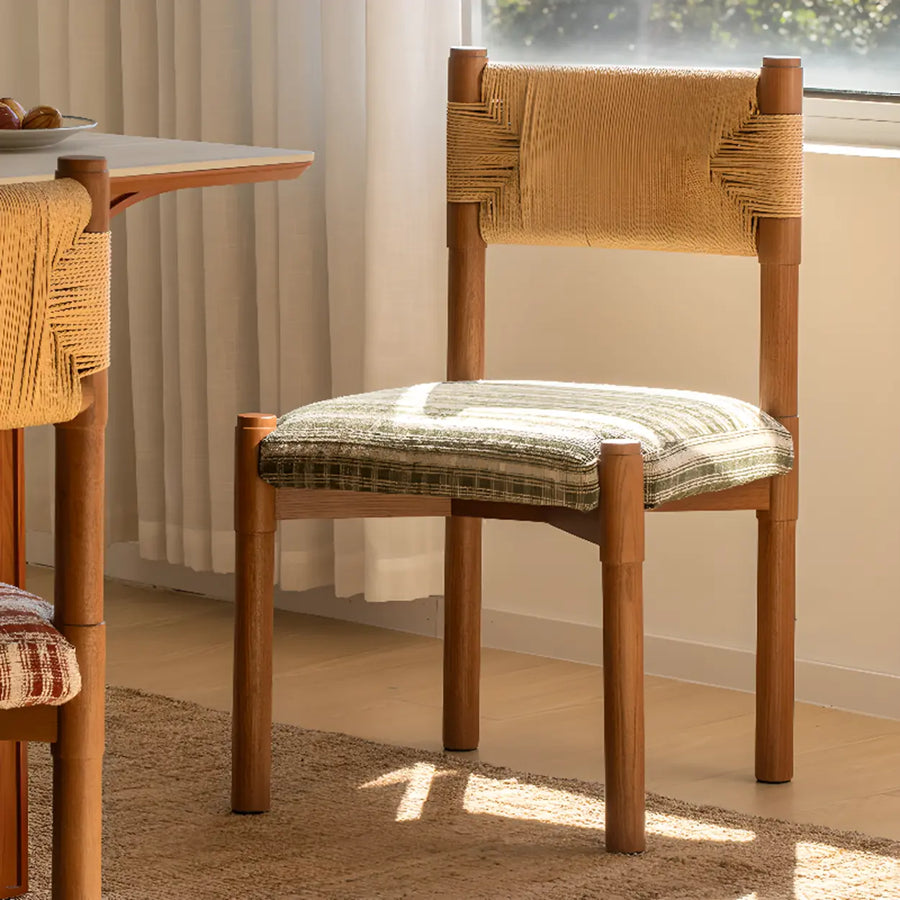 Rustic wood woven rope open back armless dining chair with upholstered seat
