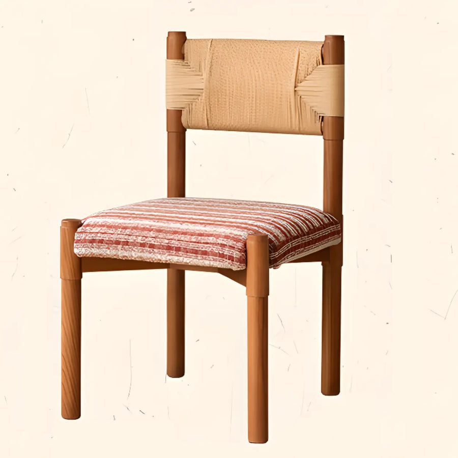Rustic woven rope open-back armless dining chair with wood legs for a round table