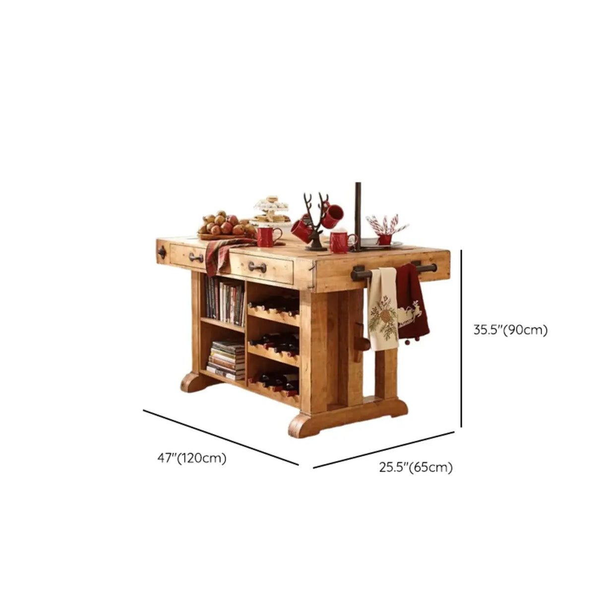Rustic Wooden Kitchen Bar Table with Storage Shelves & Drawers 