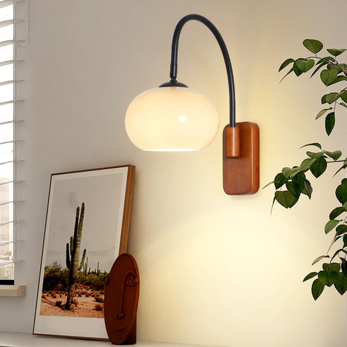 Rustic Wooden Milk Glass Drum Wall Sconce Light Image - 4